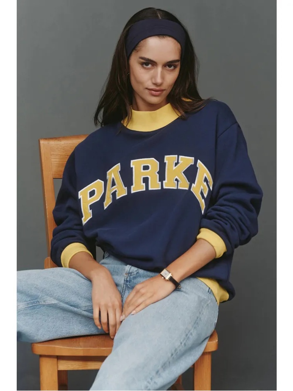 Parke Two Tone Varsity Mockneck Sweatshirt - Navy/Yellow - Size L/XL - Picture 1 of 12